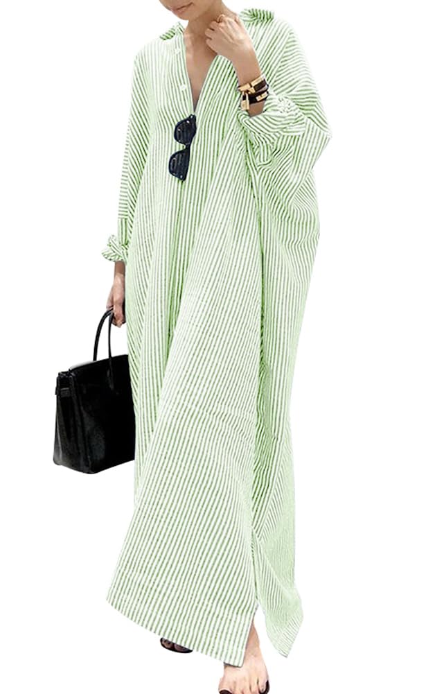 chouyatou Women's Casual Long Sleeve Button Down Loose Striped Cotton Maxi Shirt Dress