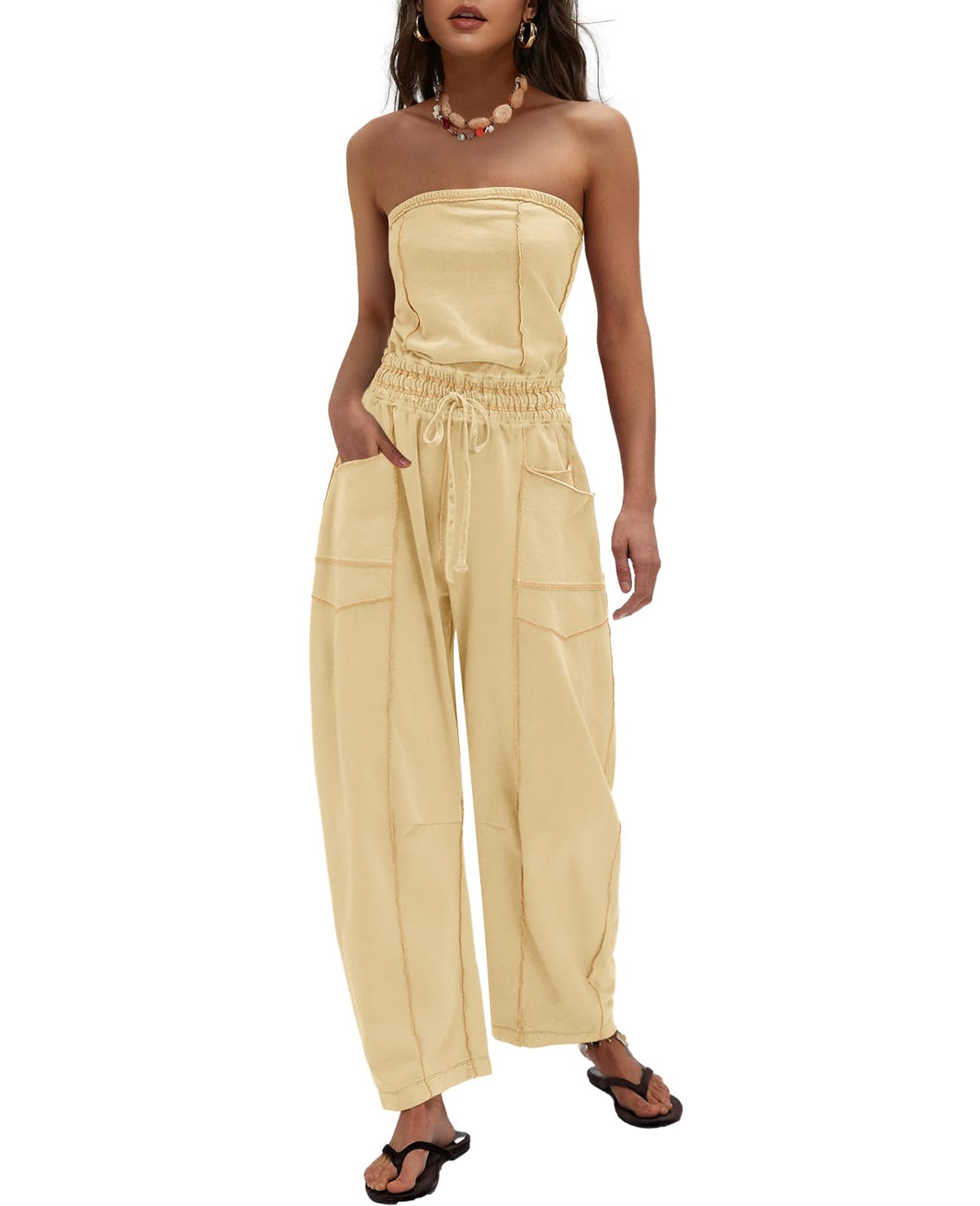 LAMISSCHE Womens Casual Strapless Jumpsuits off the Shoulder Summer Rompers Sleeveless One Piece Outfits with Pockets