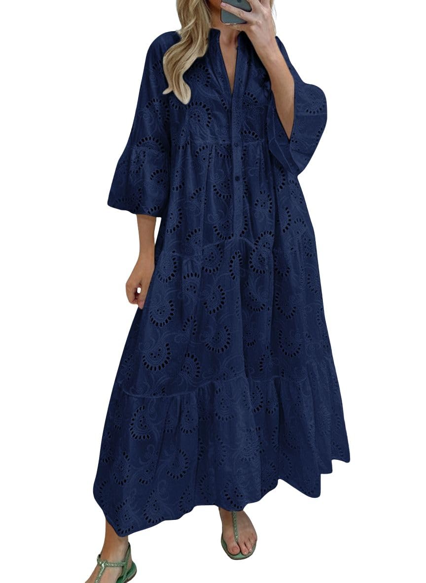 chouyatou Women's 2026 Lace Eyelet Embroidery Maxi Dress V-Neck Trumpet Sleeve Boho Flowy Swing Dress