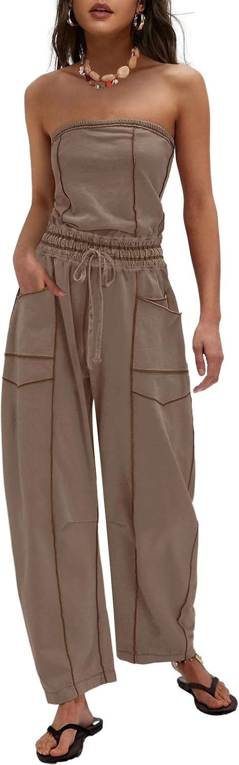 LAMISSCHE Womens Casual Strapless Jumpsuits off the Shoulder Summer Rompers Sleeveless One Piece Outfits with Pockets