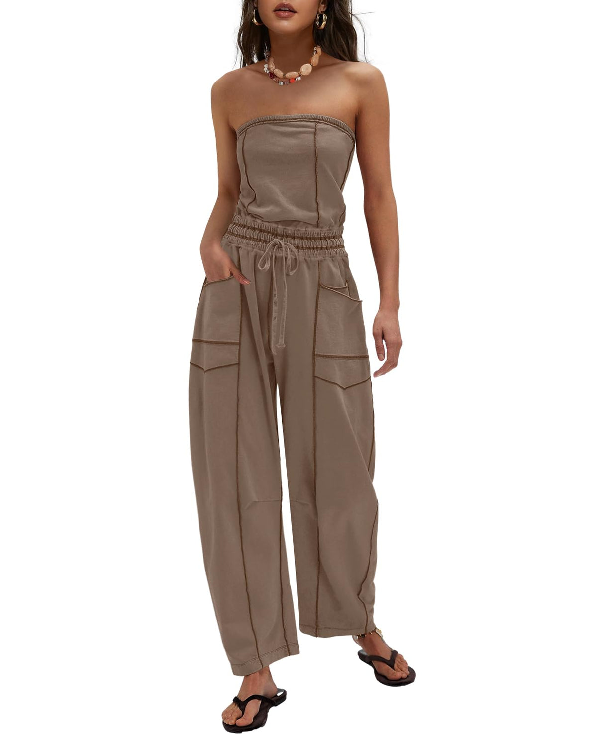 LAMISSCHE Womens Casual Strapless Jumpsuits off the Shoulder Summer Rompers Sleeveless One Piece Outfits with Pockets