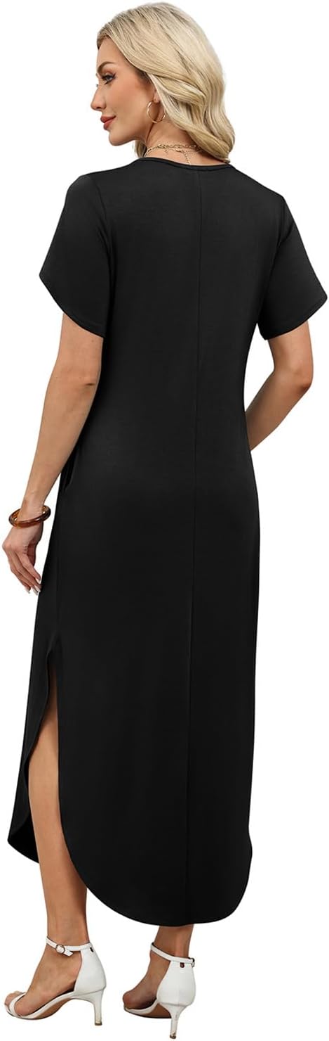 WIHOLL Summer Dresses for Women Short Sleeve Maxi Dresses V Neck Sundress with Side Slit Pockets Casual Beach Dress