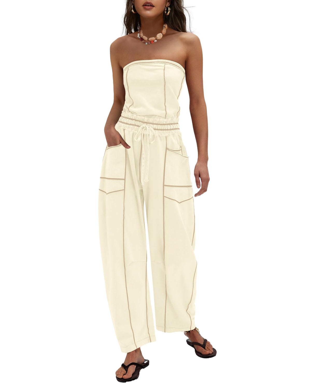 LAMISSCHE Womens Casual Strapless Jumpsuits off the Shoulder Summer Rompers Sleeveless One Piece Outfits with Pockets