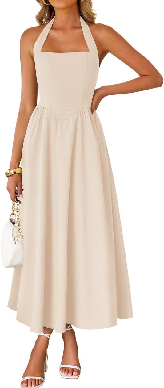 ZESICA Women's Summer Sleeveless Halter Wedding Guest Maxi Dress