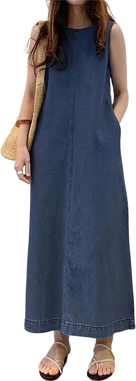 Retro Denim Jumper Dress for Women Sleeveless Crewneck Maxi Long Jean Vest Shift Dress with Pockets