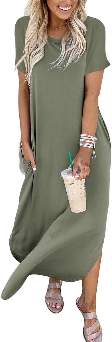 ANRABESS Womens Summer Maxi Dress Short Sleeve Casual Loose Long T Shirt Dresses Split Vacation Beach Sundress Travel Outfits