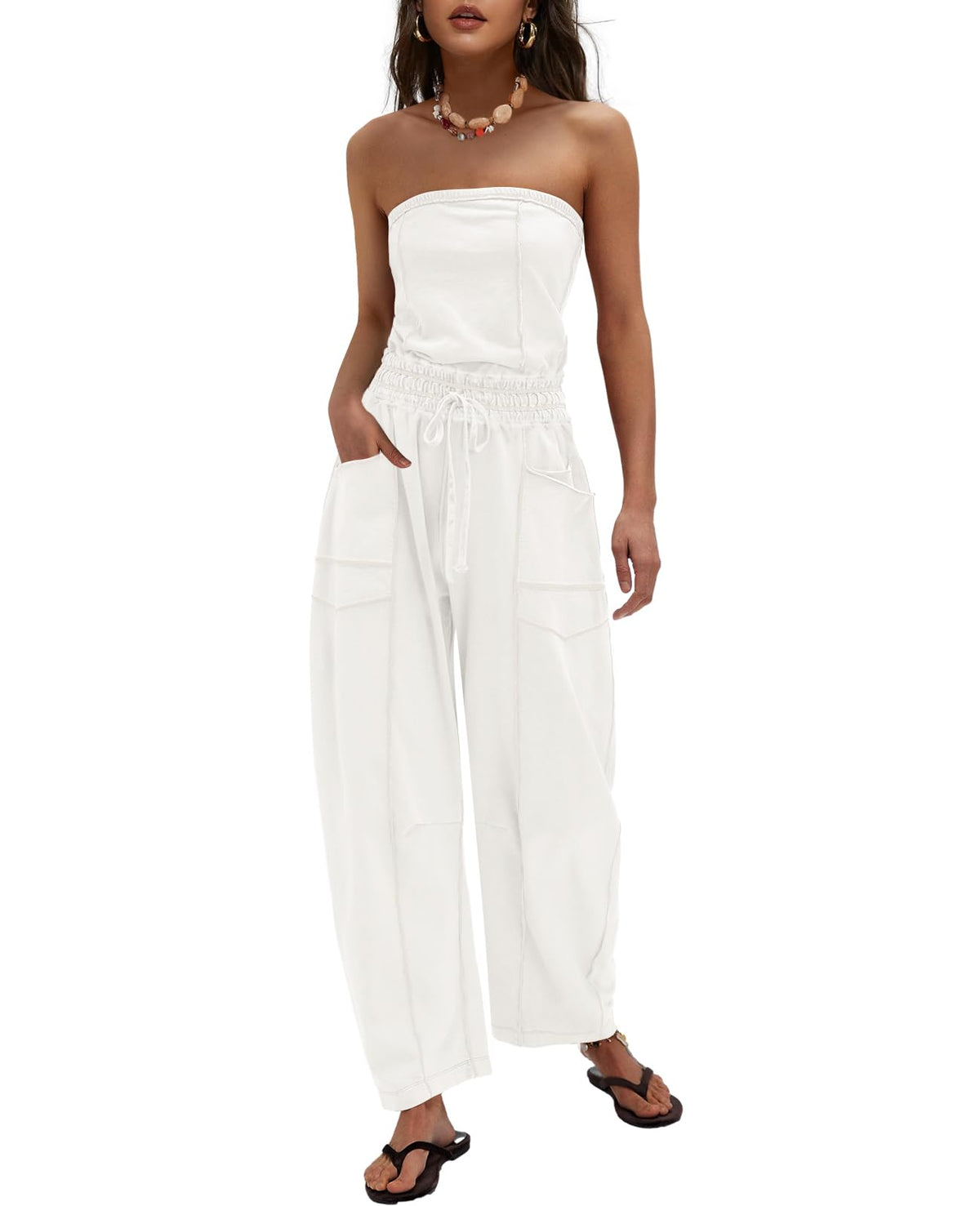 LAMISSCHE Womens Casual Strapless Jumpsuits off the Shoulder Summer Rompers Sleeveless One Piece Outfits with Pockets