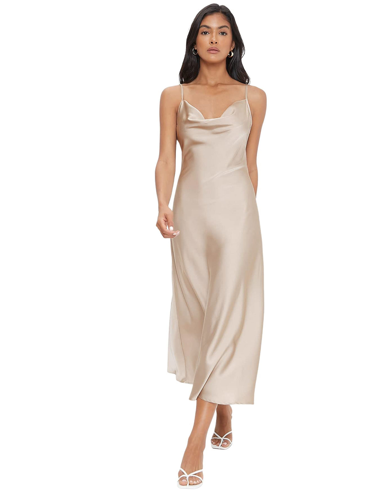 Floerns Women's Spaghetti Strap Cowl Neck Long Slip Satin Silk Midi Dress