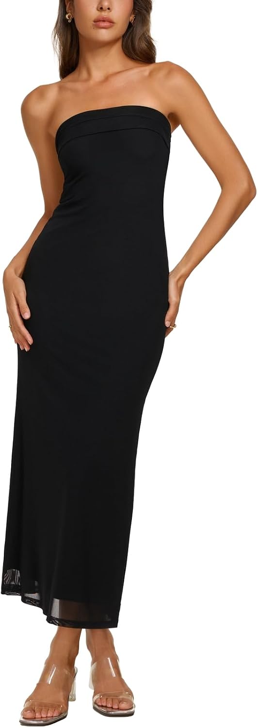 REORIA Women's 2026 Summer Floral Mesh Strapless Midi Dress Backless Beach Wedding Guest Cocktail Party Dresses