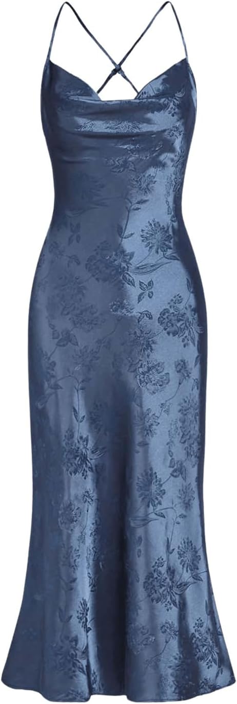 Floerns Women's Spaghetti Strap Cowl Neck Long Slip Satin Silk Midi Dress