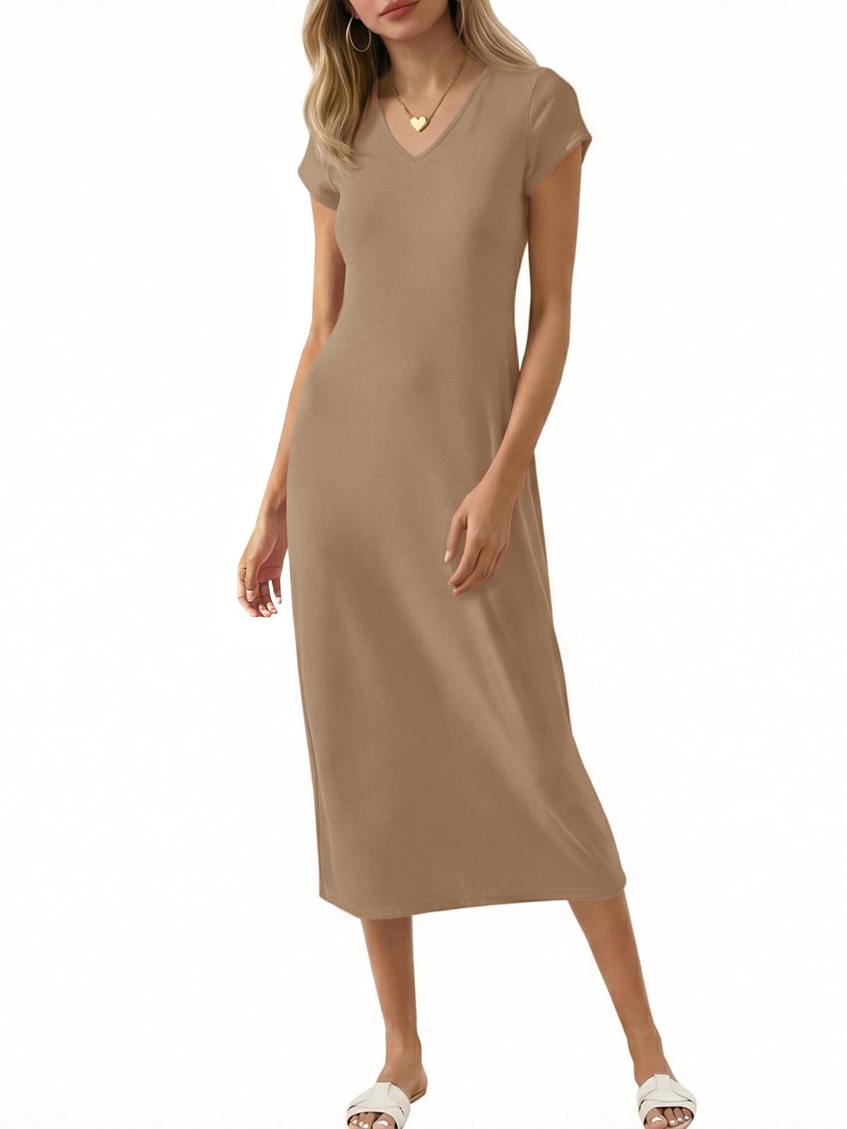 Wenrine Womens Short Sleeve T-Shirt Dress V Neck Summer Casual Midi Dresses