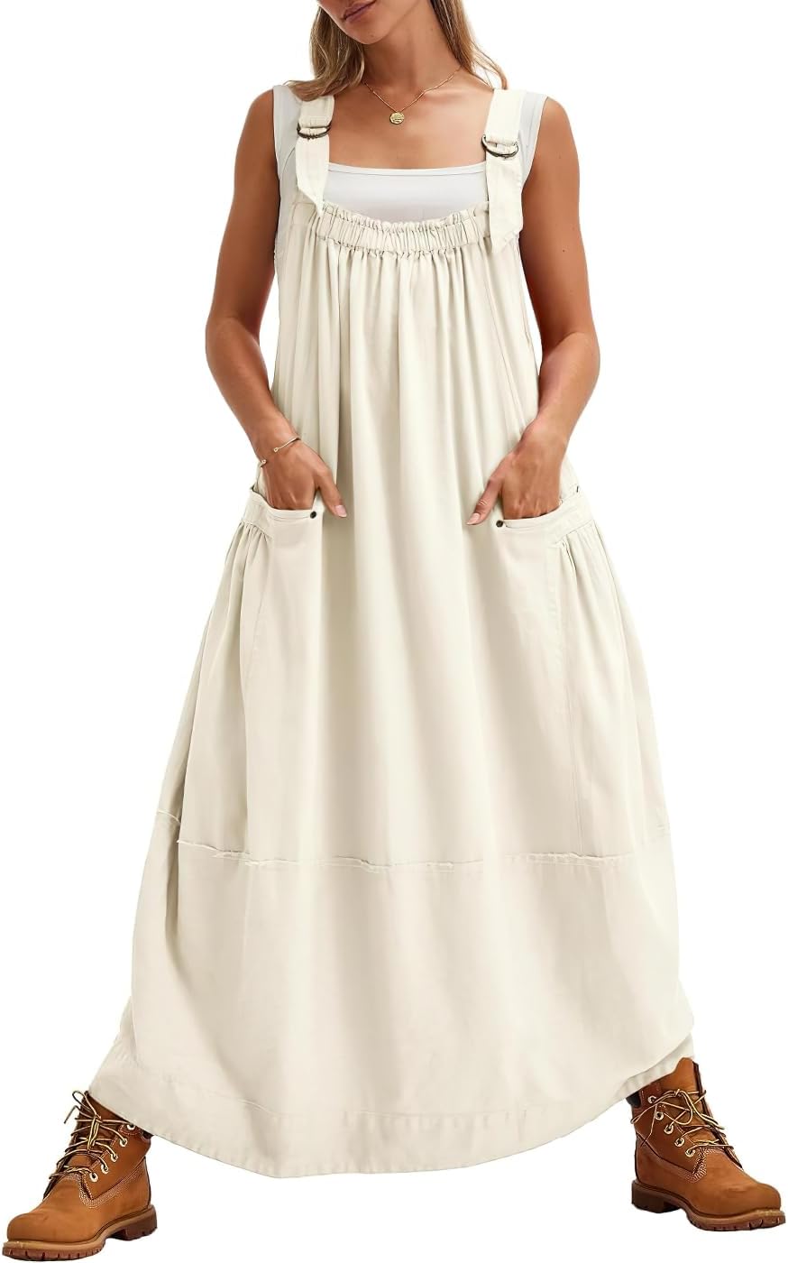 chouyatou Women's Cargo Overall Dress Sleeveless Adjustable Strap Safari Maxi Jumper Dress with Pockets
