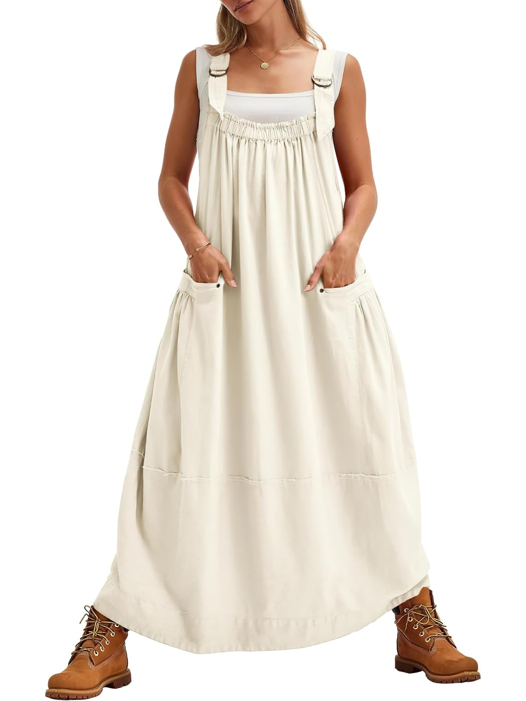 chouyatou Women's Cargo Overall Dress Sleeveless Adjustable Strap Safari Maxi Jumper Dress with Pockets