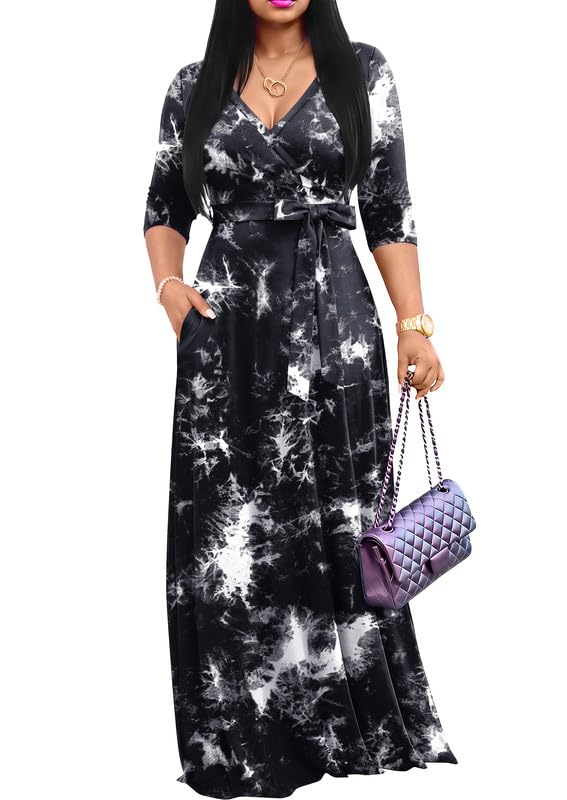 FANDEE Women's 2026 Maxi Dress - Solid Color Bohemian Summer Long Maxi Dress V-Neck 3/4 Sleeve