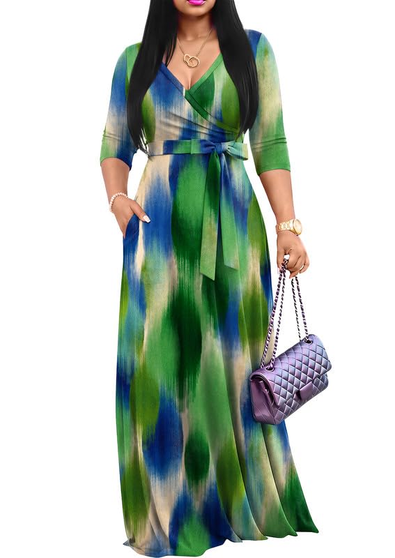 FANDEE Women's 2026 Maxi Dress - Solid Color Bohemian Summer Long Maxi Dress V-Neck 3/4 Sleeve