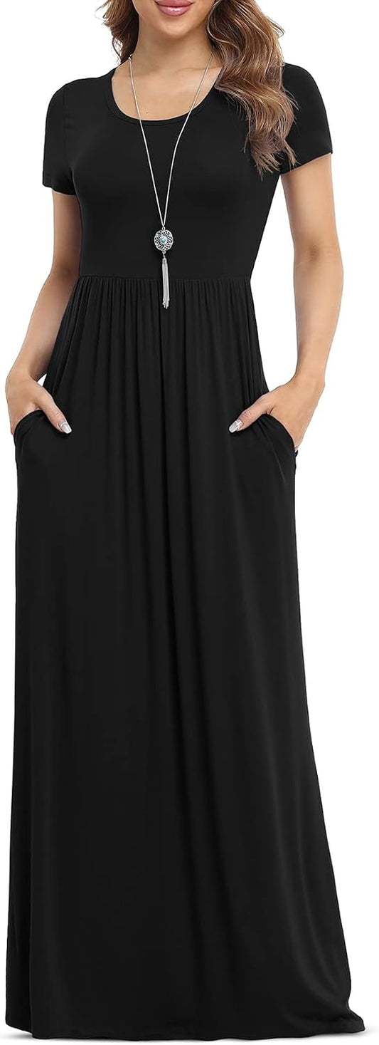 VIISHOW Women's Short Sleeve Loose Plain Maxi Dresses Casual Long Dresses with Pockets
