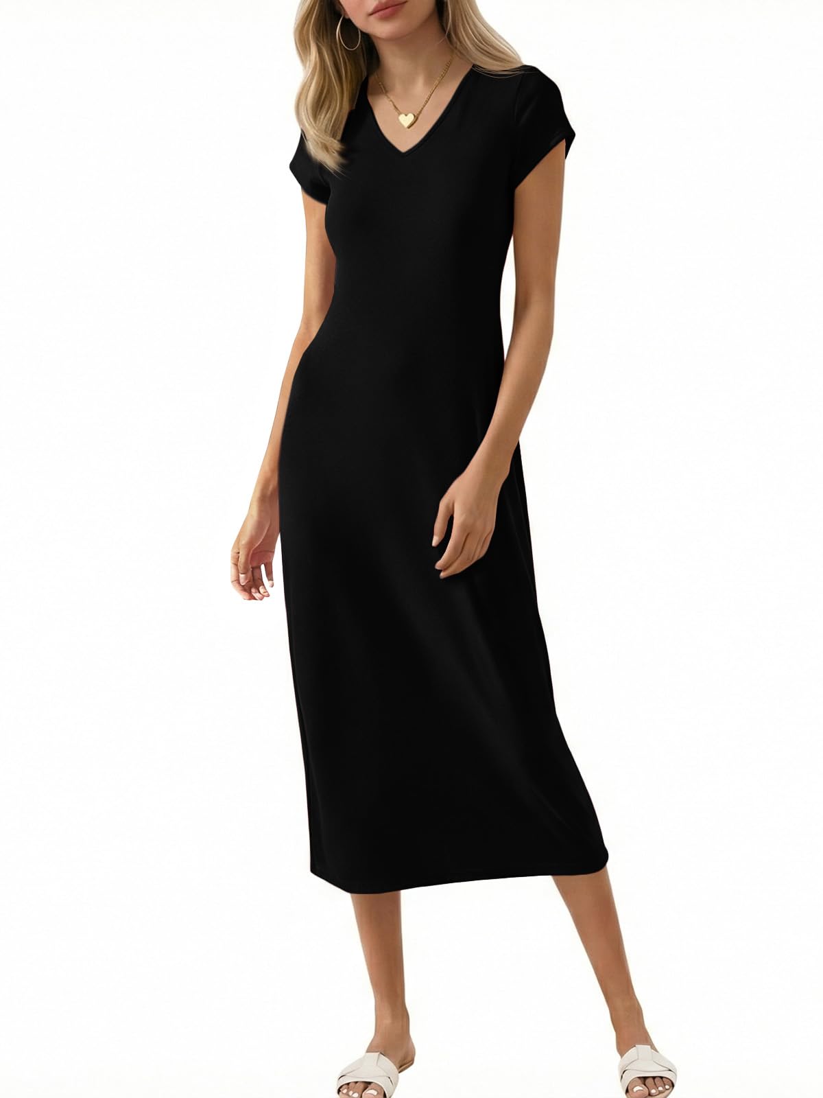 Wenrine Womens Short Sleeve T-Shirt Dress V Neck Summer Casual Midi Dresses