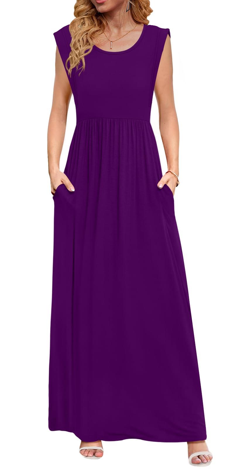 DB MOON Womens 2026 Maxi Dresses Empire Waist Long Summer Dress Casual Cap Short Sleeve Sundress with Pockets