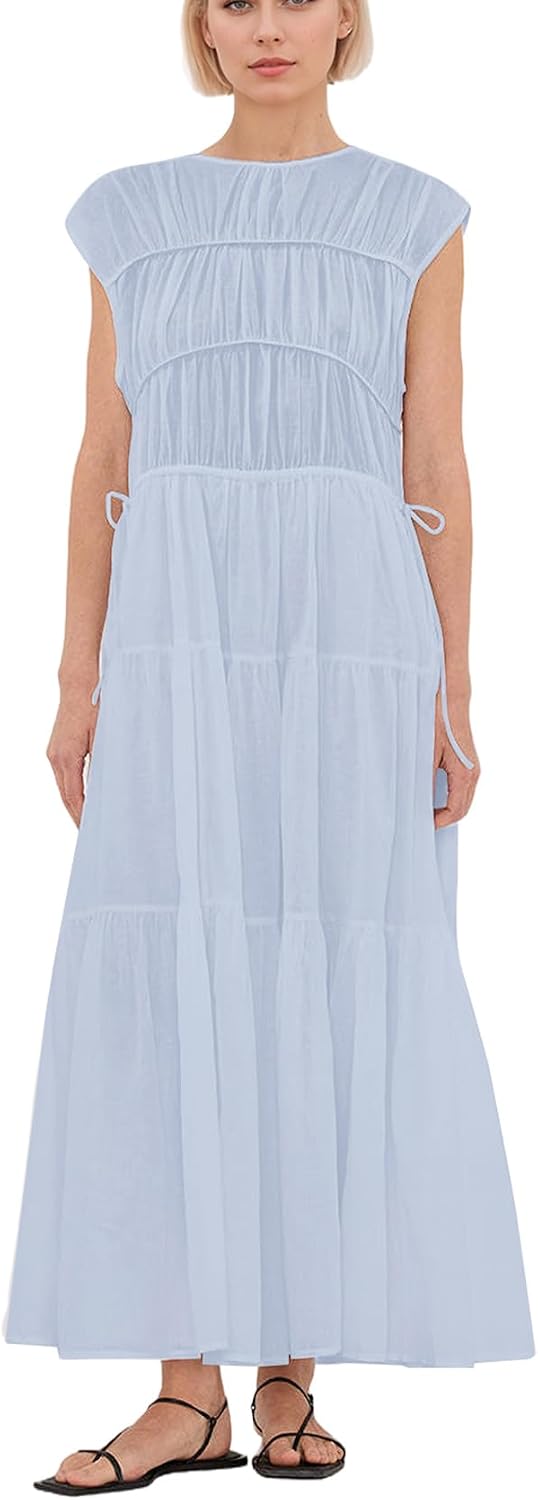 calbatic Women Pleated Ruched Tiered Maxi Dress Sleeveless Patchwork Ruffle Hem A Line Flowy Summer Elegant Long Dress
