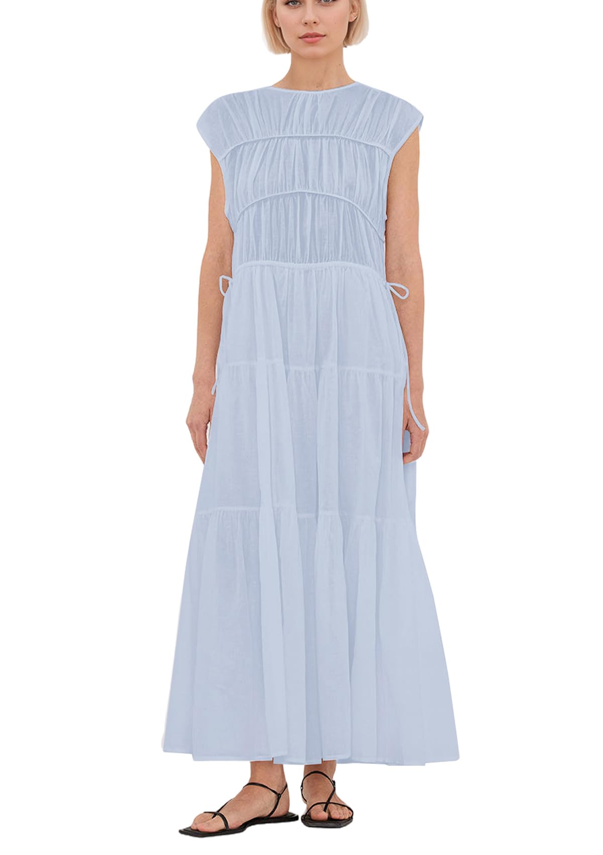 calbatic Women Pleated Ruched Tiered Maxi Dress Sleeveless Patchwork Ruffle Hem A Line Flowy Summer Elegant Long Dress