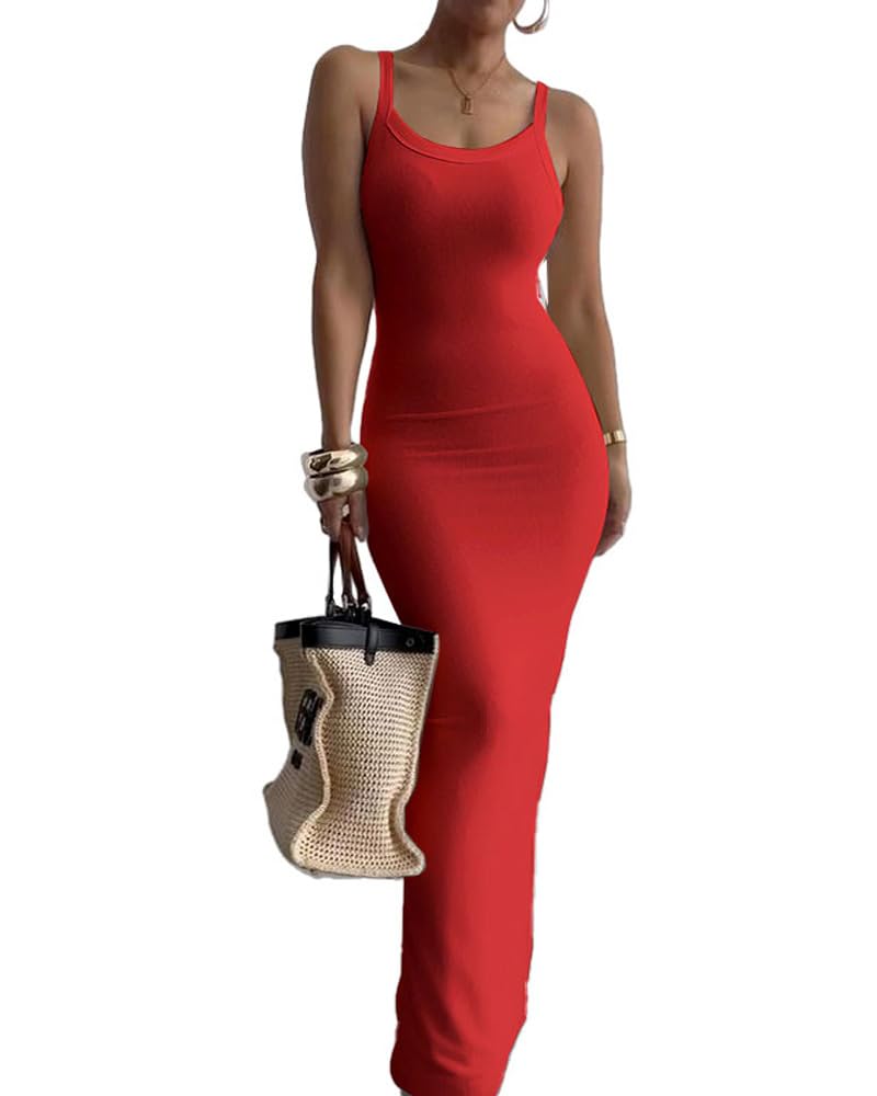 Nimsruc Sleeveless Strap Bodycon Maxi Dresses for Women Slim Sundresses