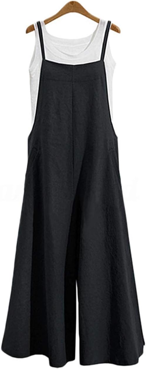 YESNO Women Casual Loose Long Bib Pants Wide Leg Jumpsuits Baggy Cotton Rompers Overalls with Pockets PZZTYP2