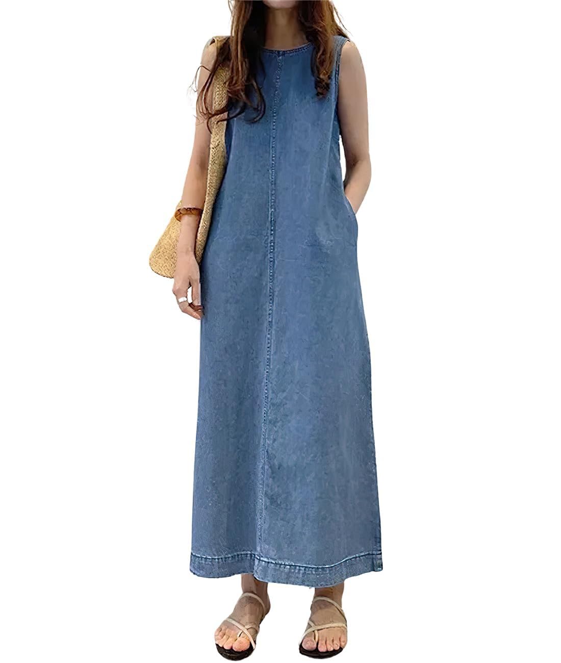 Retro Denim Jumper Dress for Women Sleeveless Crewneck Maxi Long Jean Vest Shift Dress with Pockets