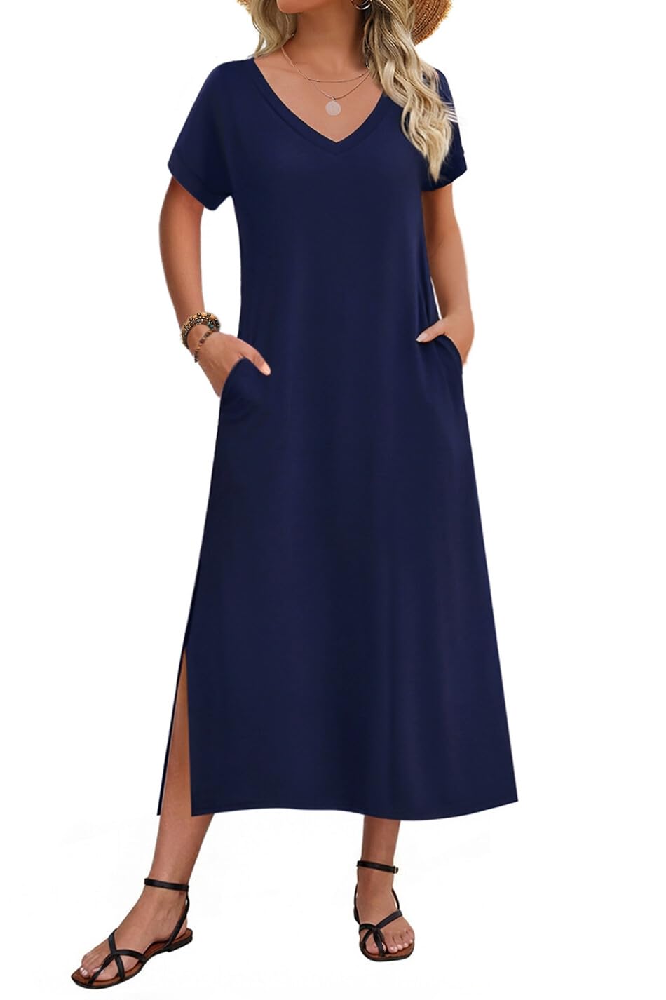 Zeagoo Women Summer Floral Dress Short Sleeve Beach Dress with Pockets Casual V-Neck Split Long T-Shirt Dress Travel Vacation