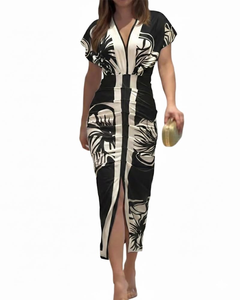CHICME Dresses for Women Floral Plunge V Neck Ruched Midi Dress