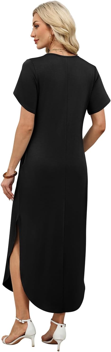 WIHOLL Summer Dresses for Women Short Sleeve Maxi Dresses V Neck Sundress with Side Slit Pockets Casual Beach Dress