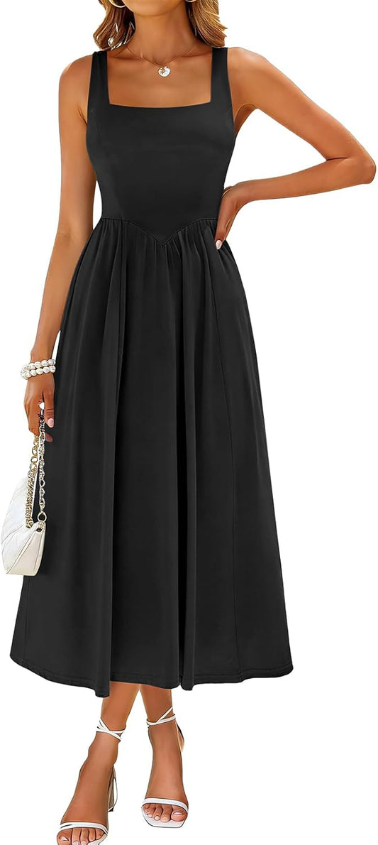Sureple Midi Dresses for Women 2026 Spring Square Neck Tank Sleeveless A Line Casual Summer Sundresses with Pockets