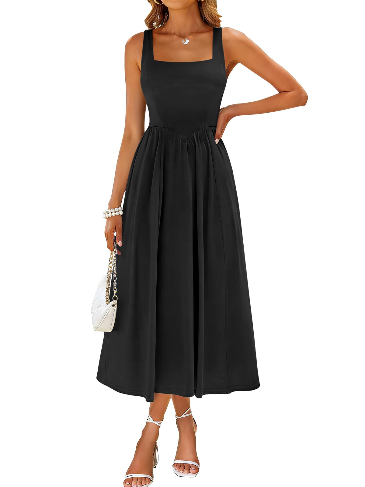 Sureple Midi Dresses for Women 2026 Spring Square Neck Tank Sleeveless A Line Casual Summer Sundresses with Pockets