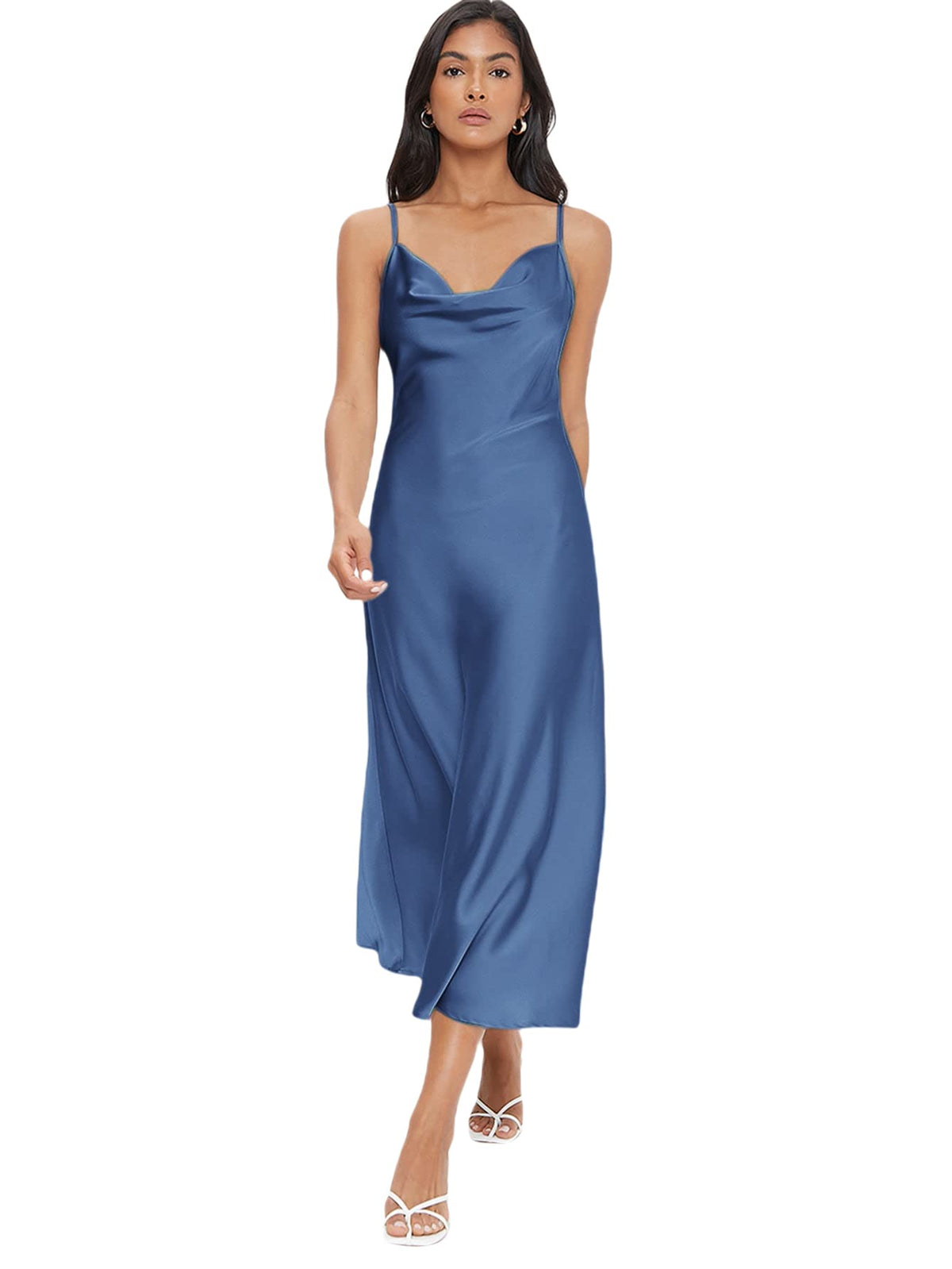 Floerns Women's Spaghetti Strap Cowl Neck Long Slip Satin Silk Midi Dress