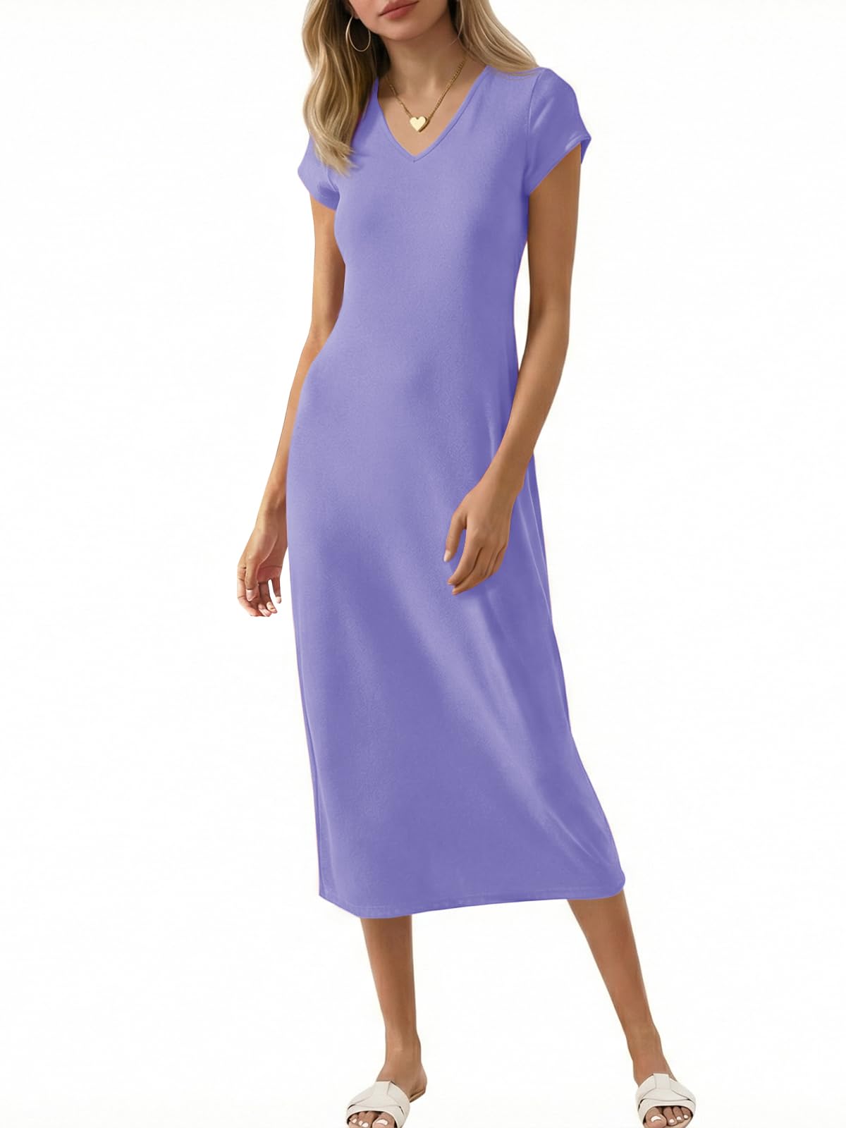 Wenrine Womens Short Sleeve T-Shirt Dress V Neck Summer Casual Midi Dresses