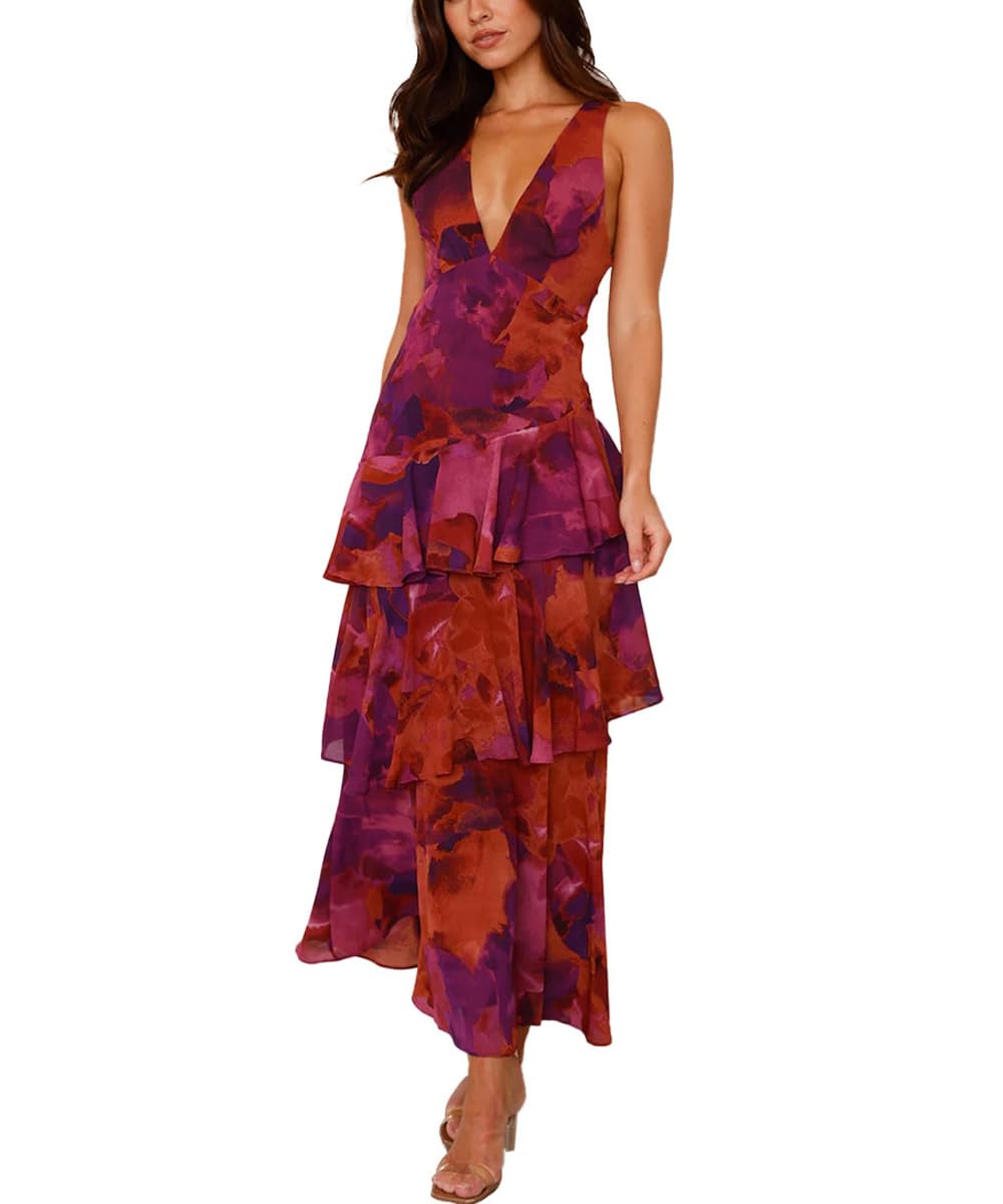 Women's Floral Maxi Dress Sexy Deep V Neck Backless Ruffles Dresses Beach Party Wedding Guest Dress