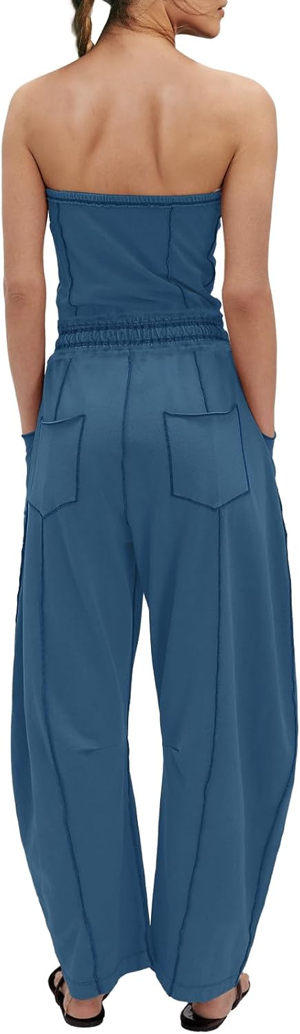 LAMISSCHE Womens Casual Strapless Jumpsuits off the Shoulder Summer Rompers Sleeveless One Piece Outfits with Pockets