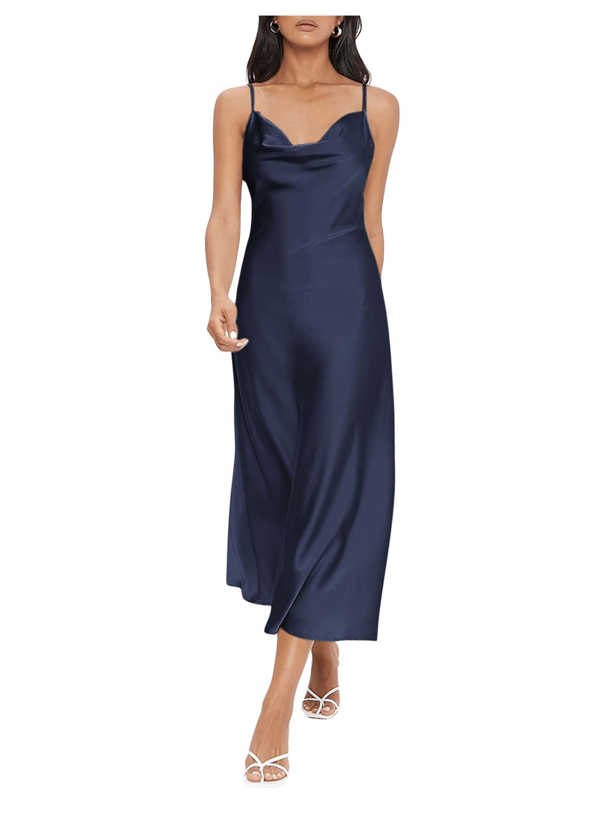 Floerns Women's Spaghetti Strap Cowl Neck Long Slip Satin Silk Midi Dress