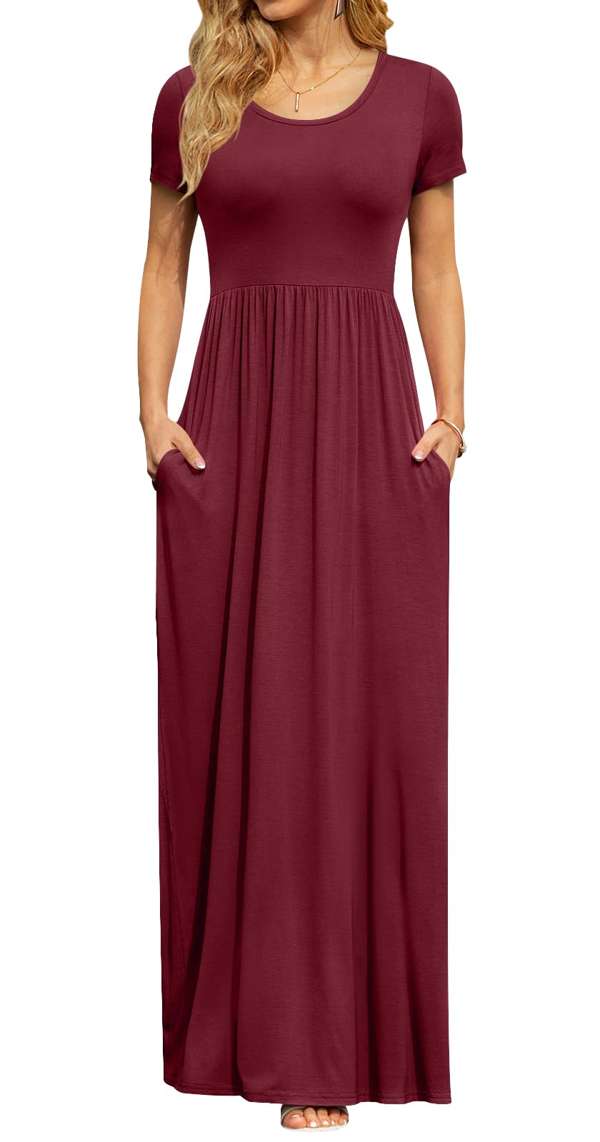 DB MOON Women's Summer Maxi Dress Casual Short Sleeve Empire Waist Pockets