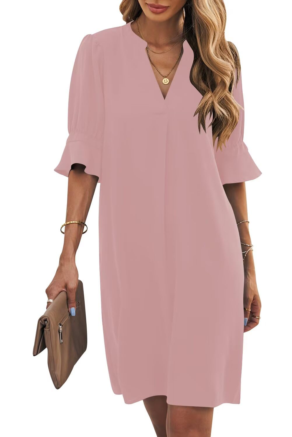 Wkior Womens Summer Ruffle Short Sleeve V Neck Shift Dress