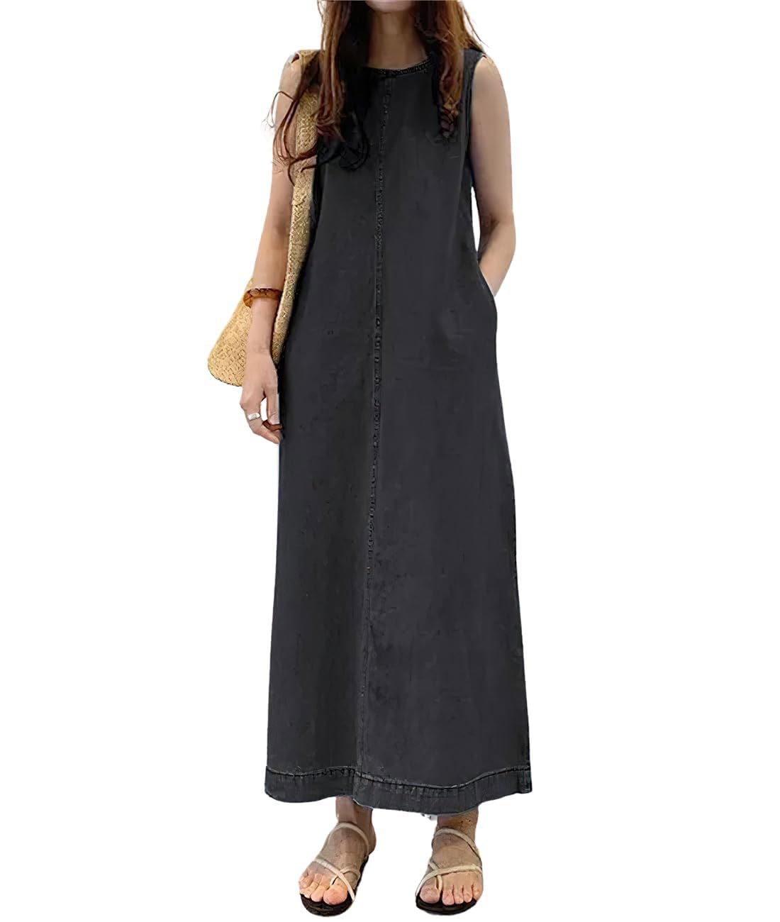 Retro Denim Jumper Dress for Women Sleeveless Crewneck Maxi Long Jean Vest Shift Dress with Pockets