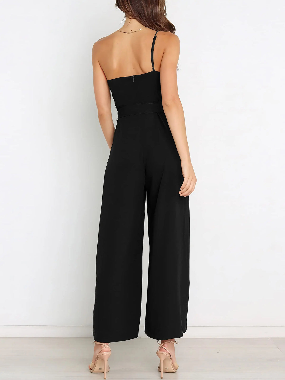 ANRABESS Women's Summer Dressy One Shoulder Sleeveless Tie Waist Backless Casual Wide Leg Jumpsuit Rompers Pockets Wedding Elegant  Overalls