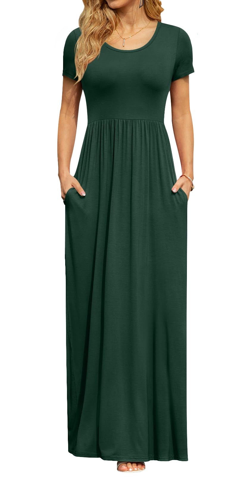 DB MOON Women's Summer Maxi Dress Casual Short Sleeve Empire Waist Pockets