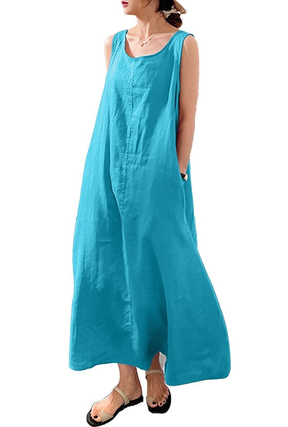 chouyatou Women's Summer Casual Sleeveless Cotton Sun Dress Maxi Tunic Tank Beach Dress with Pocket