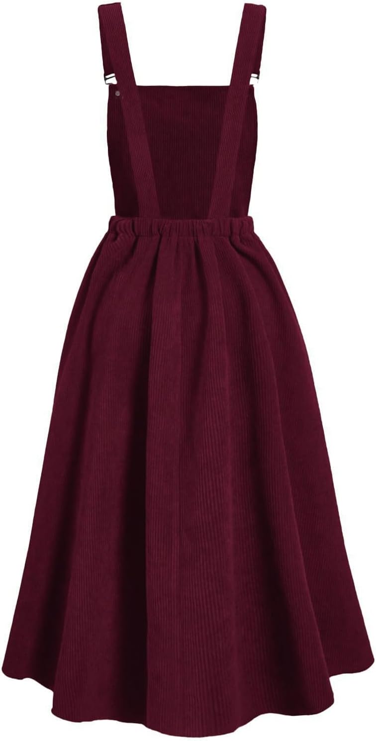 chouyatou Women's Fall Corduroy Overall Dress Adjustable Strap A Line Flare Pinafore Midi Jumper Dress
