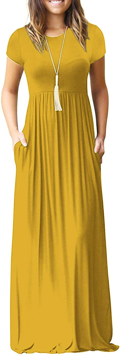 DEARCASE Maxi Dress for Women Short Sleeve Casual Summer Loose Plain Comfy Long Dresses with Pockets
