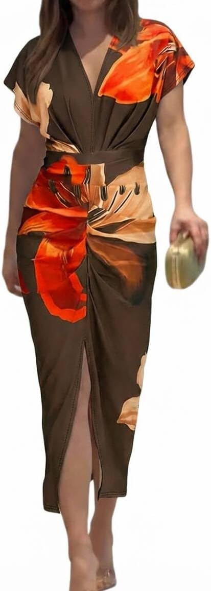 CHICME Dresses for Women Floral Plunge V Neck Ruched Midi Dress