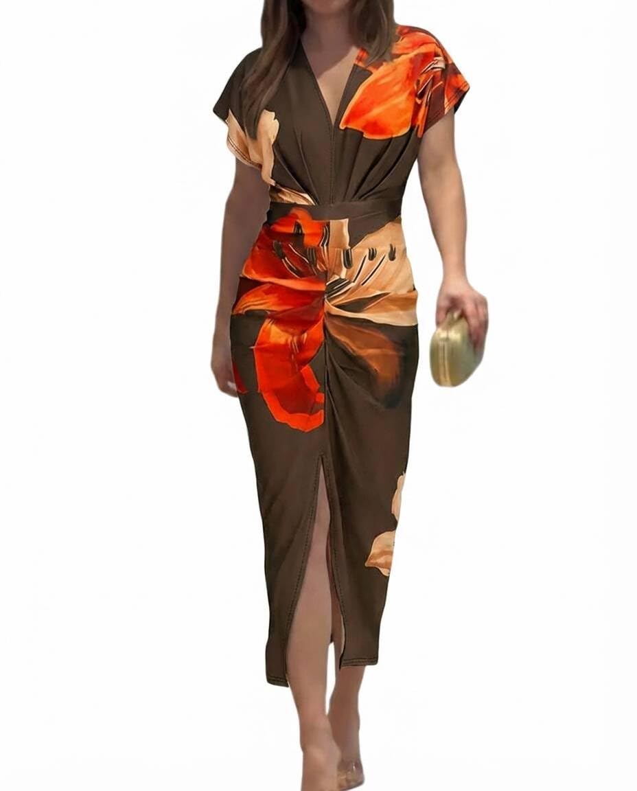CHICME Dresses for Women Floral Plunge V Neck Ruched Midi Dress