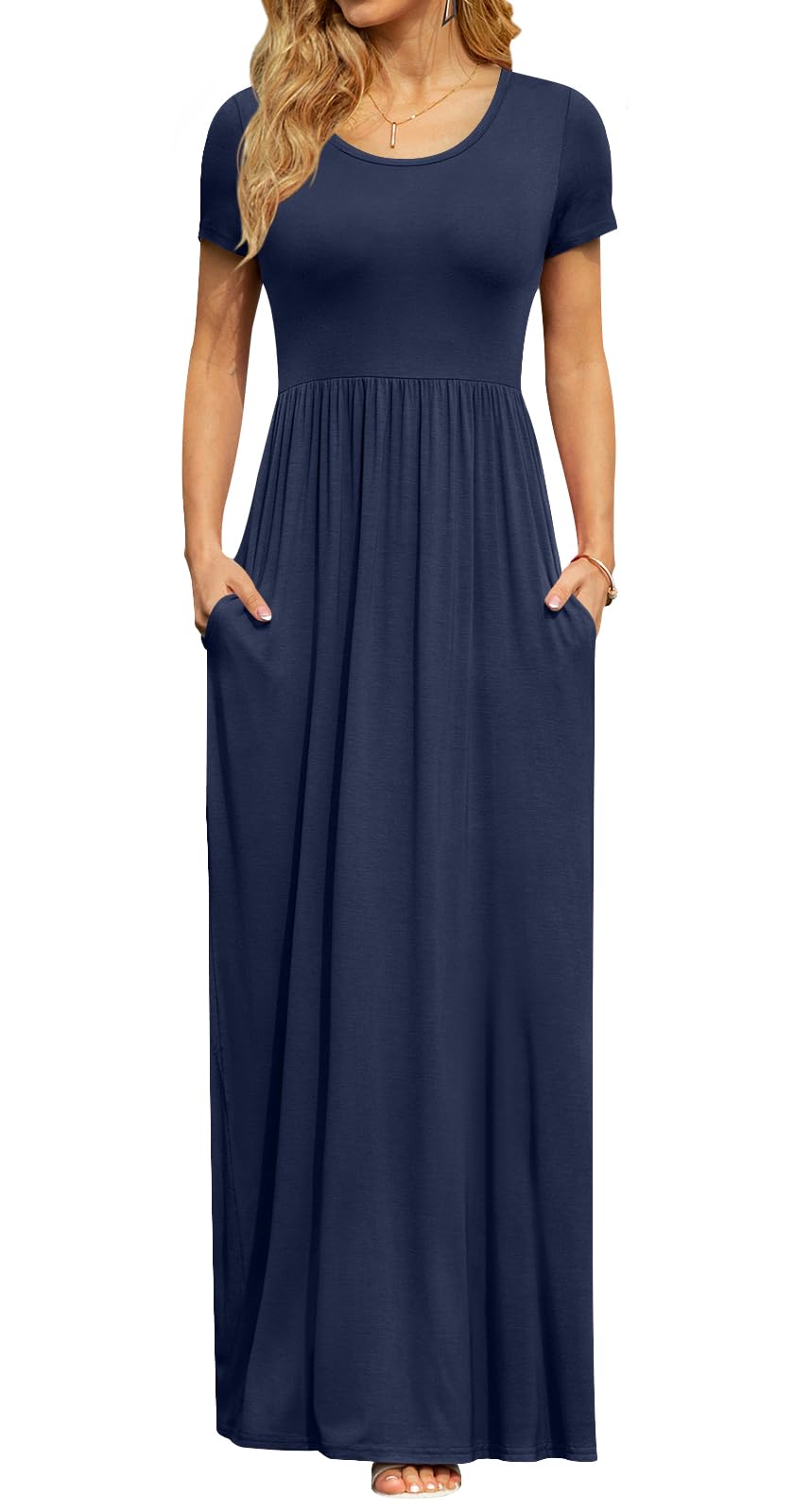DB MOON Women's Summer Maxi Dress Casual Short Sleeve Empire Waist Pockets