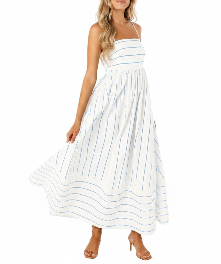 chouyatou Women's Striped Back Smocked Maxi Dress Sexy Spaghetti Strap Cut Out Flowy Swing Long Dress