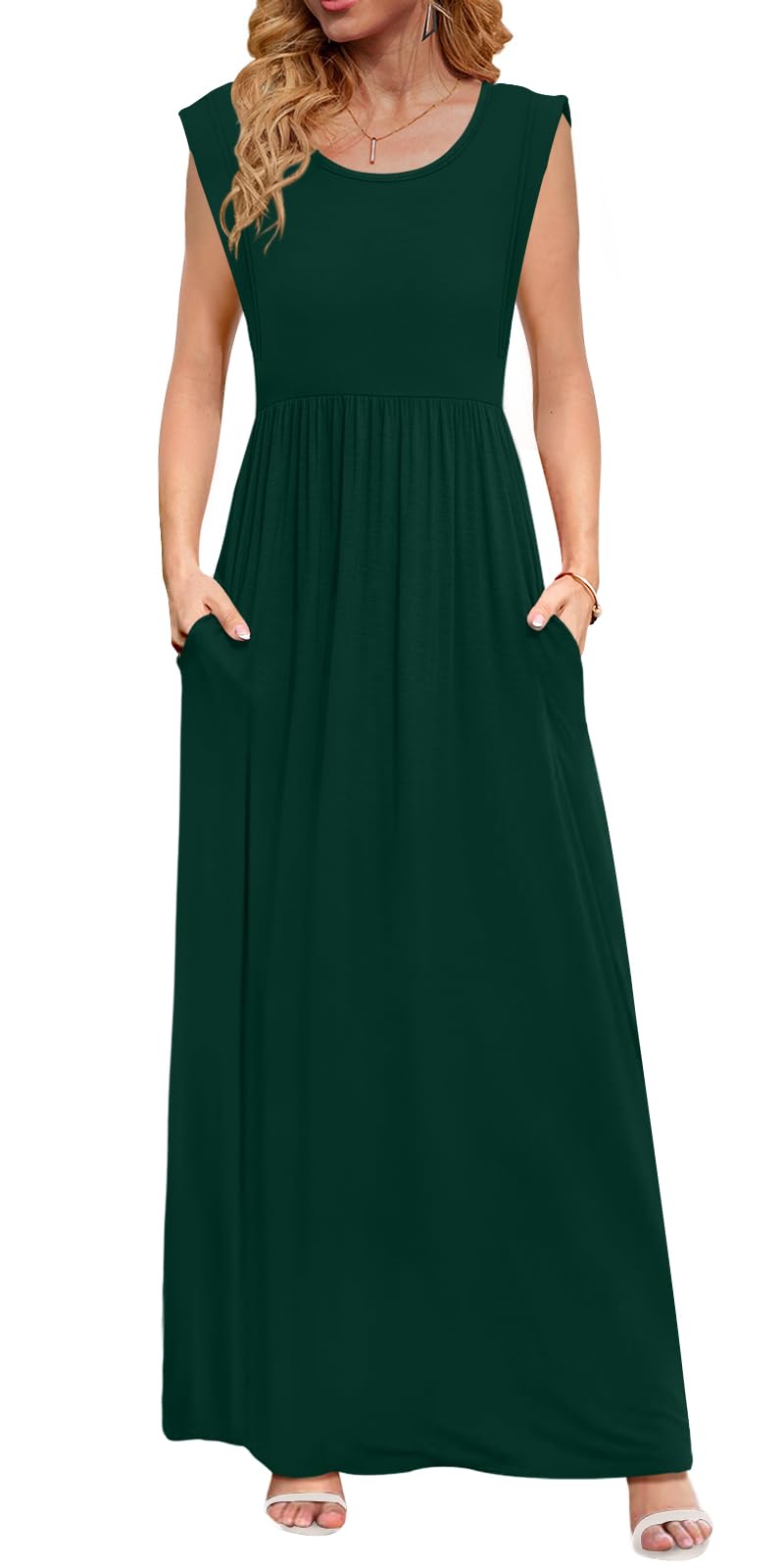 DB MOON Womens 2026 Maxi Dresses Empire Waist Long Summer Dress Casual Cap Short Sleeve Sundress with Pockets